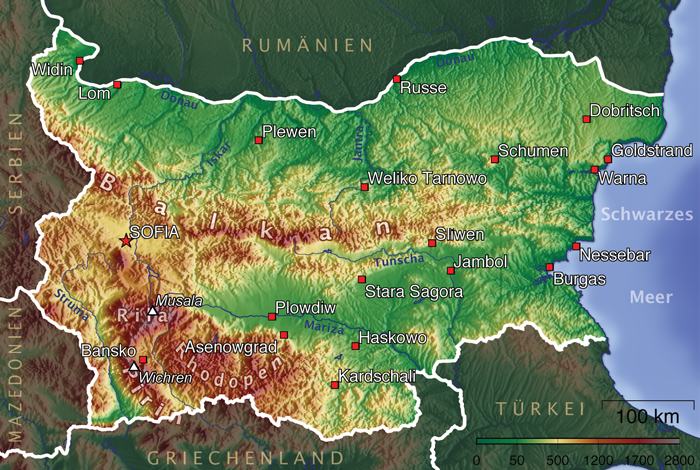 Karte Topographie Bulgarien, Topographische Karte