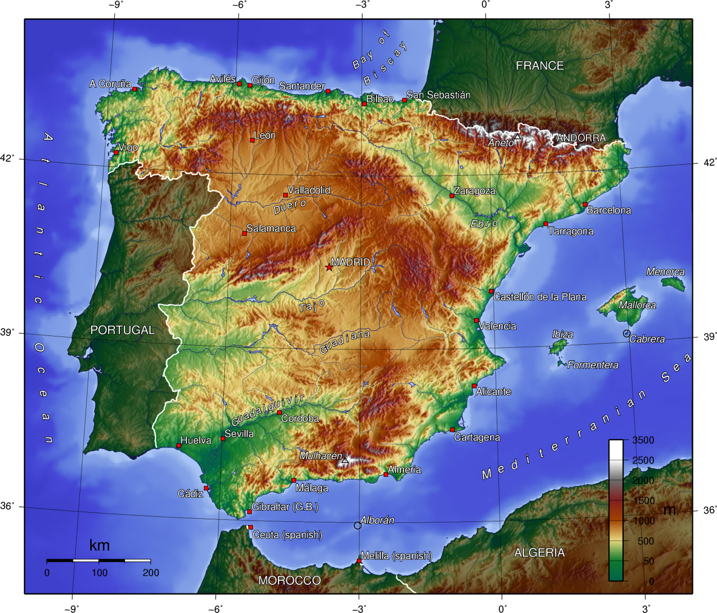 Topographische Karte Spanien
