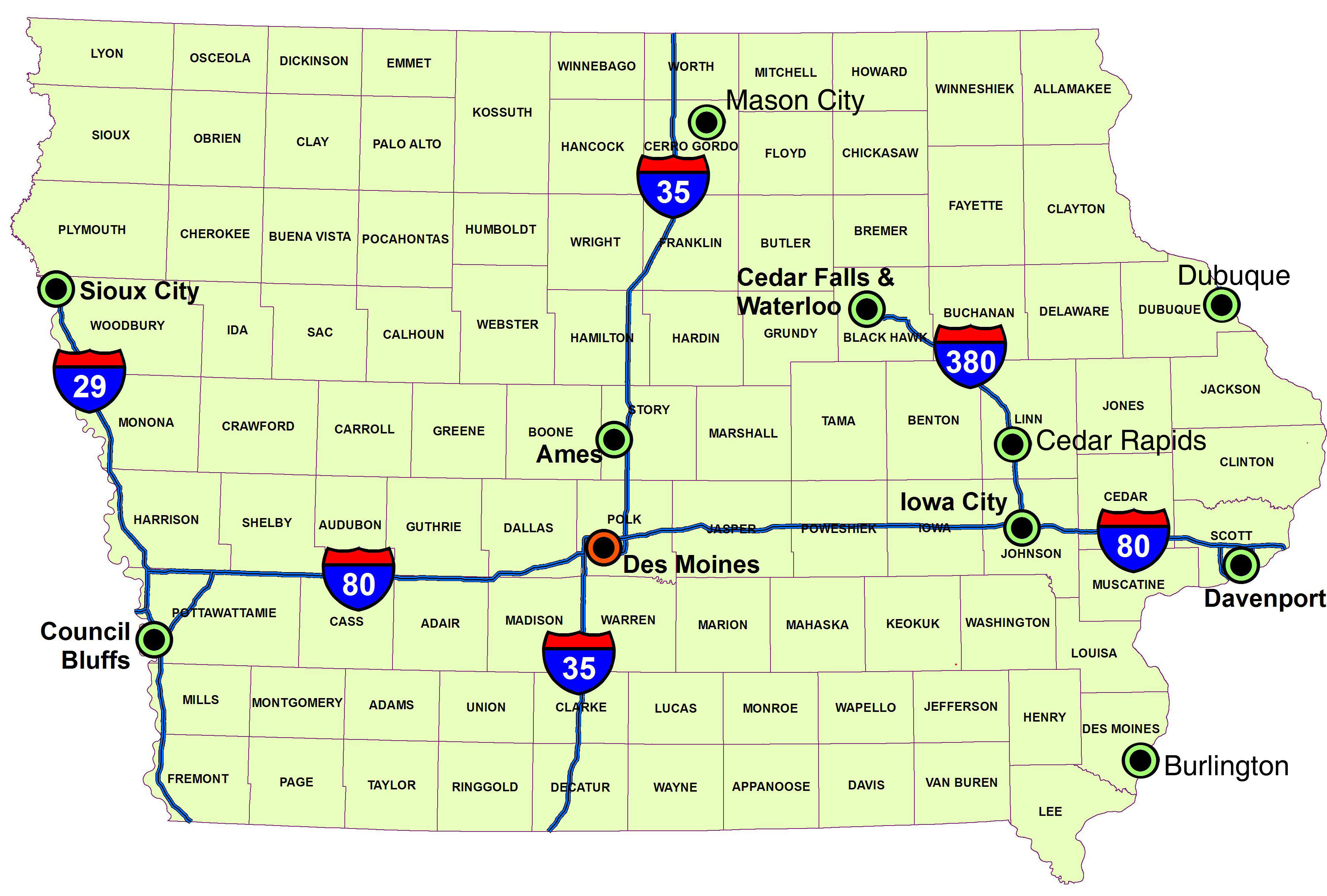 Landkarte Iowa (Karte Interstate Highways) : Weltkarte.com - Karten und