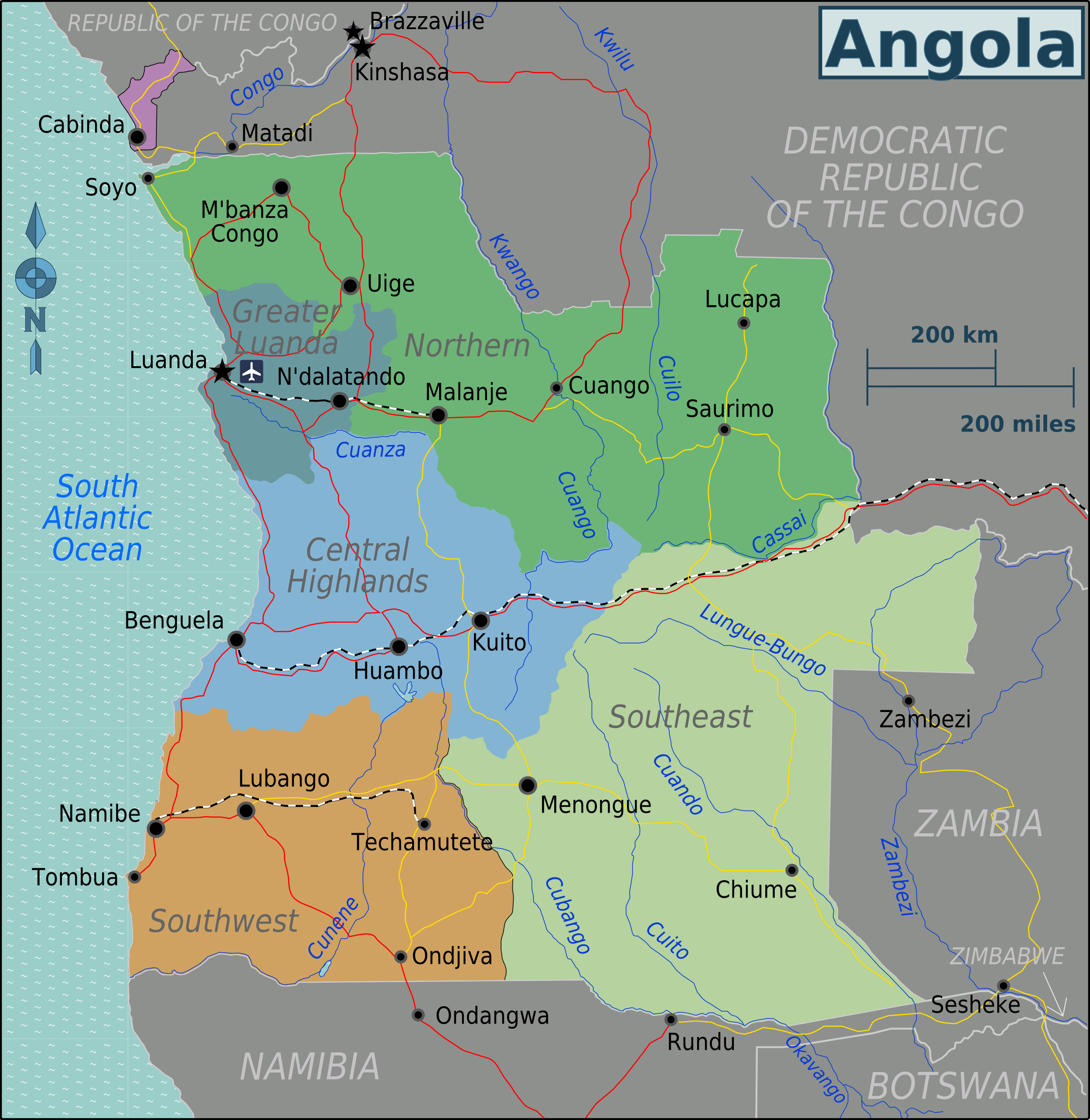 Landkarte Angola (Übersichtskarte/Regionen) : Weltkarte.com - Karten