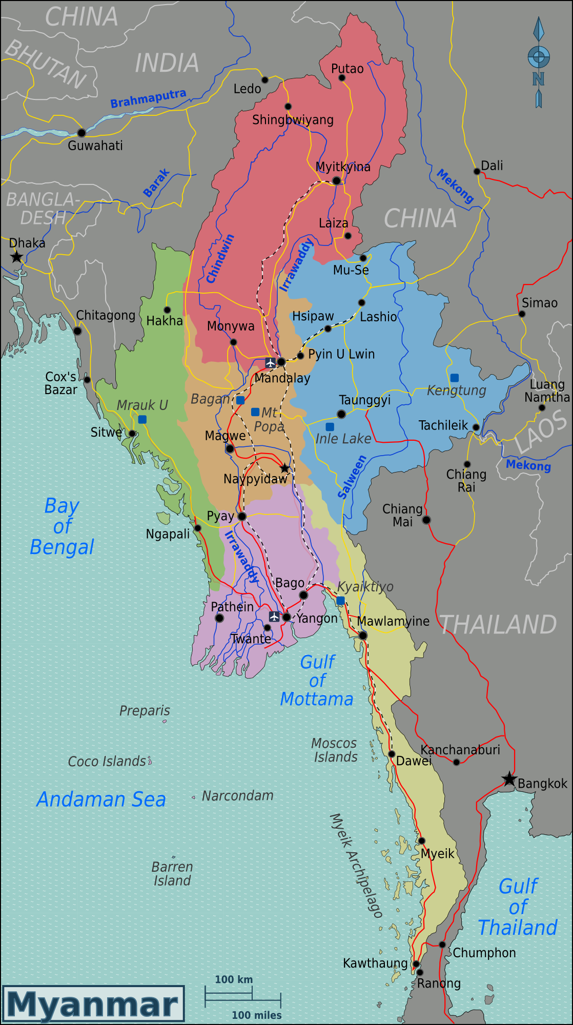 Landkarte Burma (Karte Regionen) : Weltkarte.com - Karten und