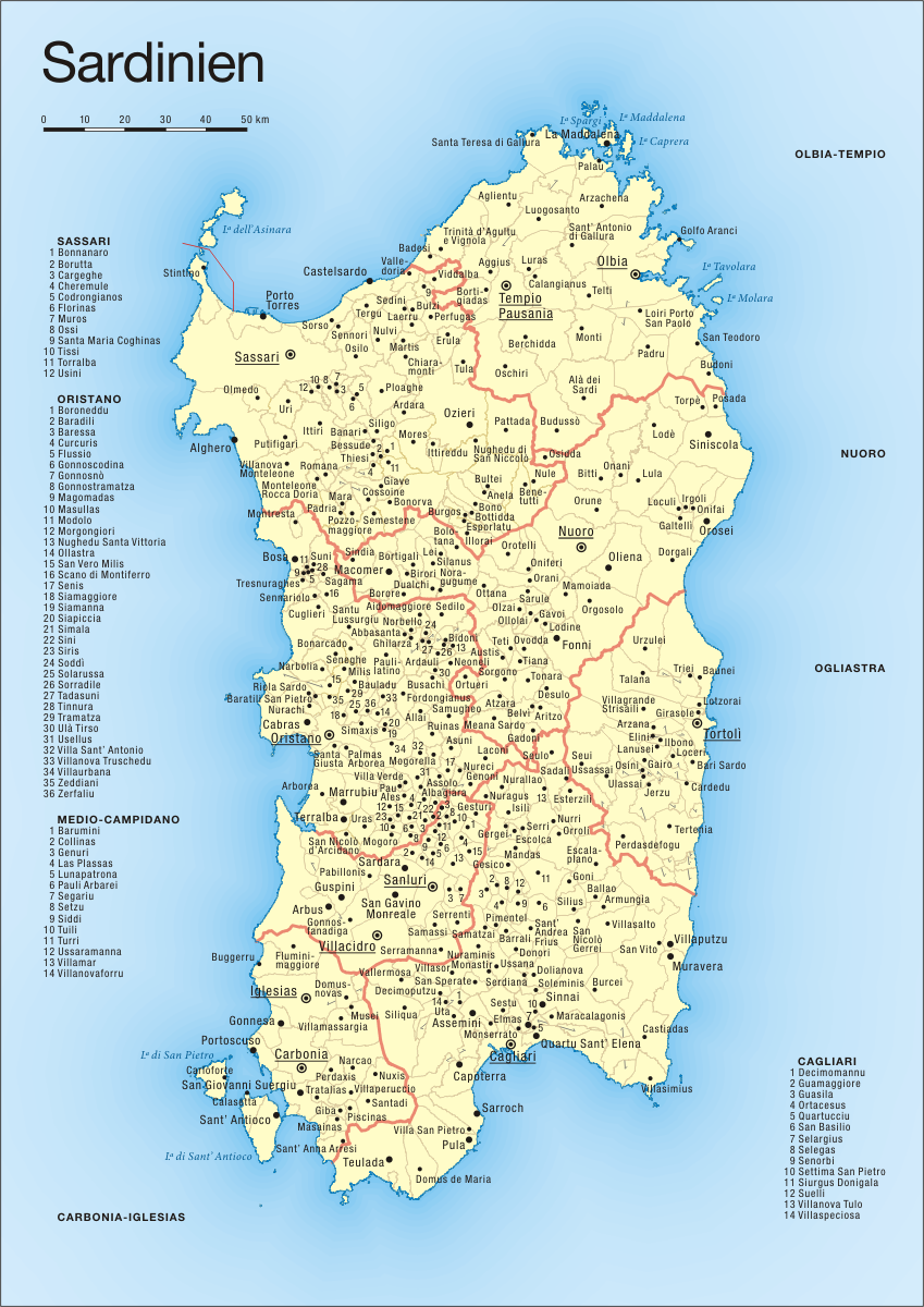 Sardinien Karte Mittelmeer | Kleve Landkarte