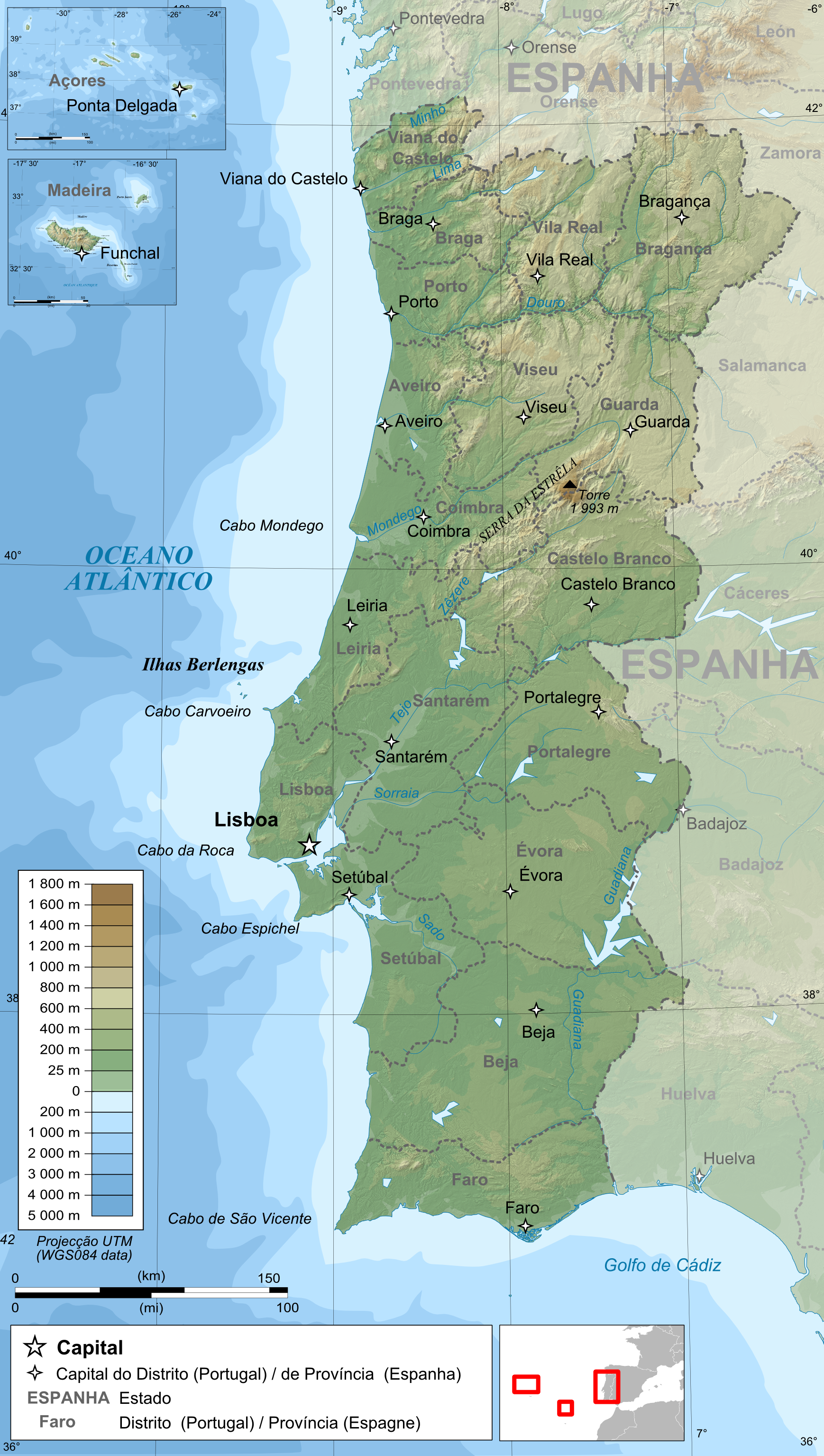 Landkarte Portugal (Topographische Karte) : Weltkarte.com - Karten und